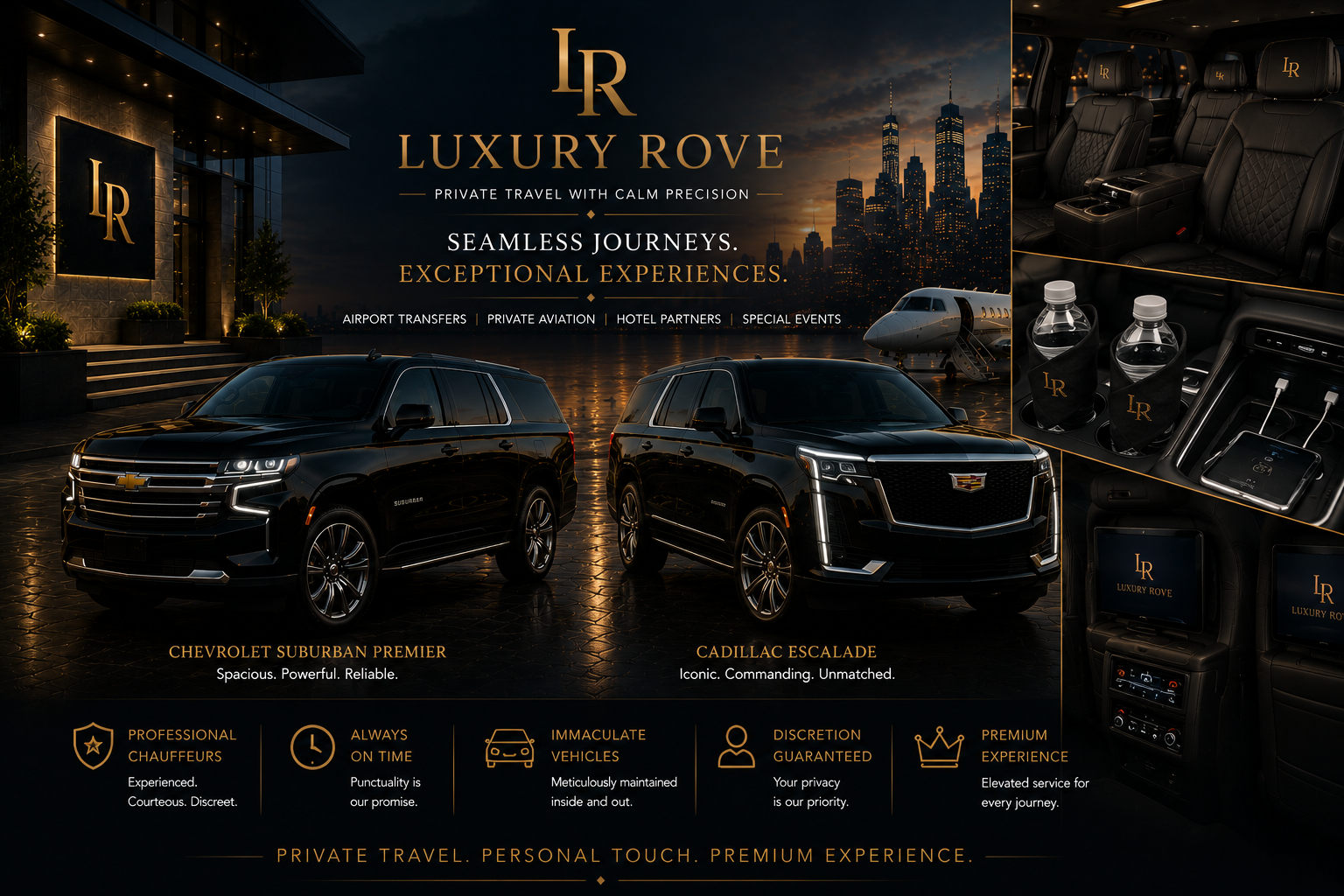 Luxury Rove Chevrolet Suburban Premier and Cadillac Escalade with premium passenger amenities, private aviation and New York skyline